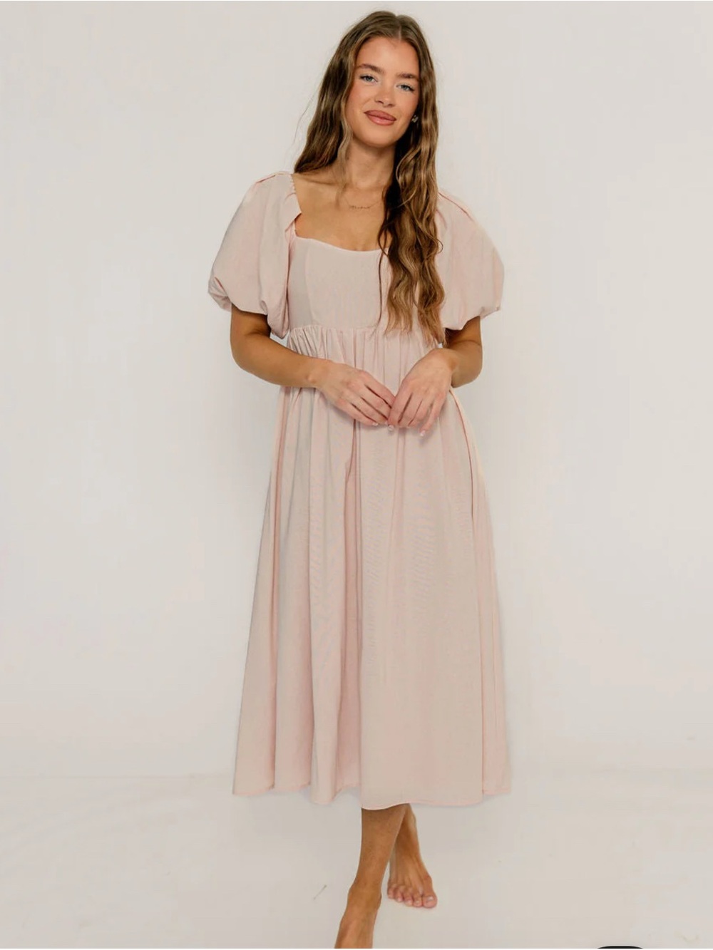 Puff Sleeve Midi Dress in Soft Pink